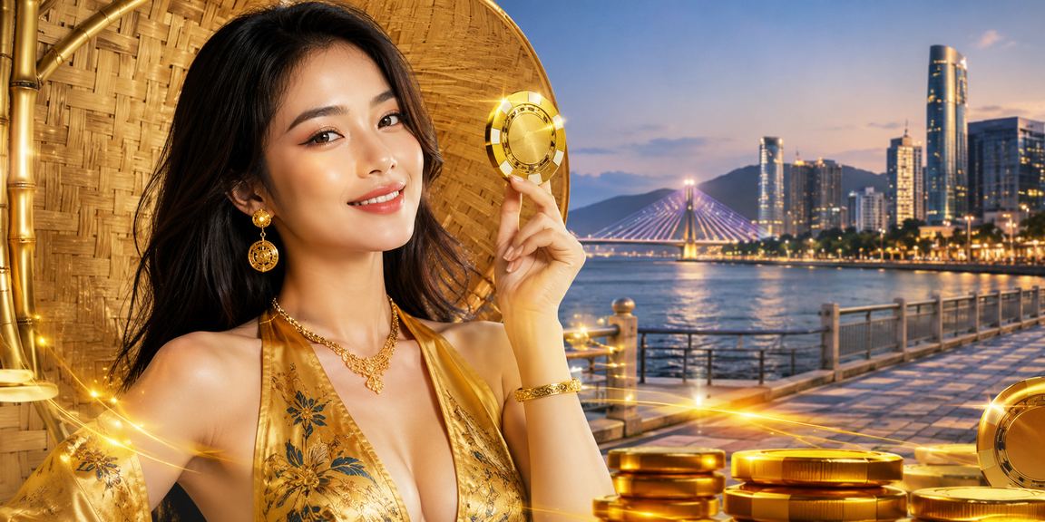 Cảnh biển Đà Nẵng với chủ đề nạp tiền casino và nón lá Việt Nam